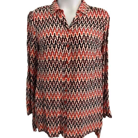 Long Sleeve Tunic Feels Silky Women’s Size Medium Orange Geometric Pattern - Picture 1 of 5